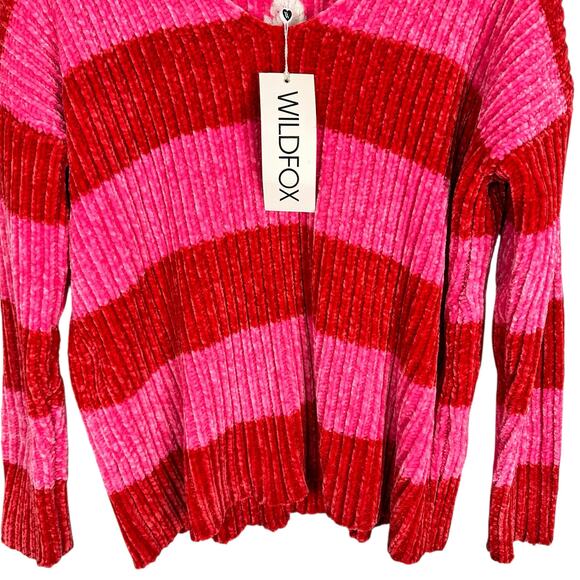NWT Wildfox Heavy Chenille Red Pink Striped Oversized V-neck Knit Sweater Size S - Picture 8 of 16